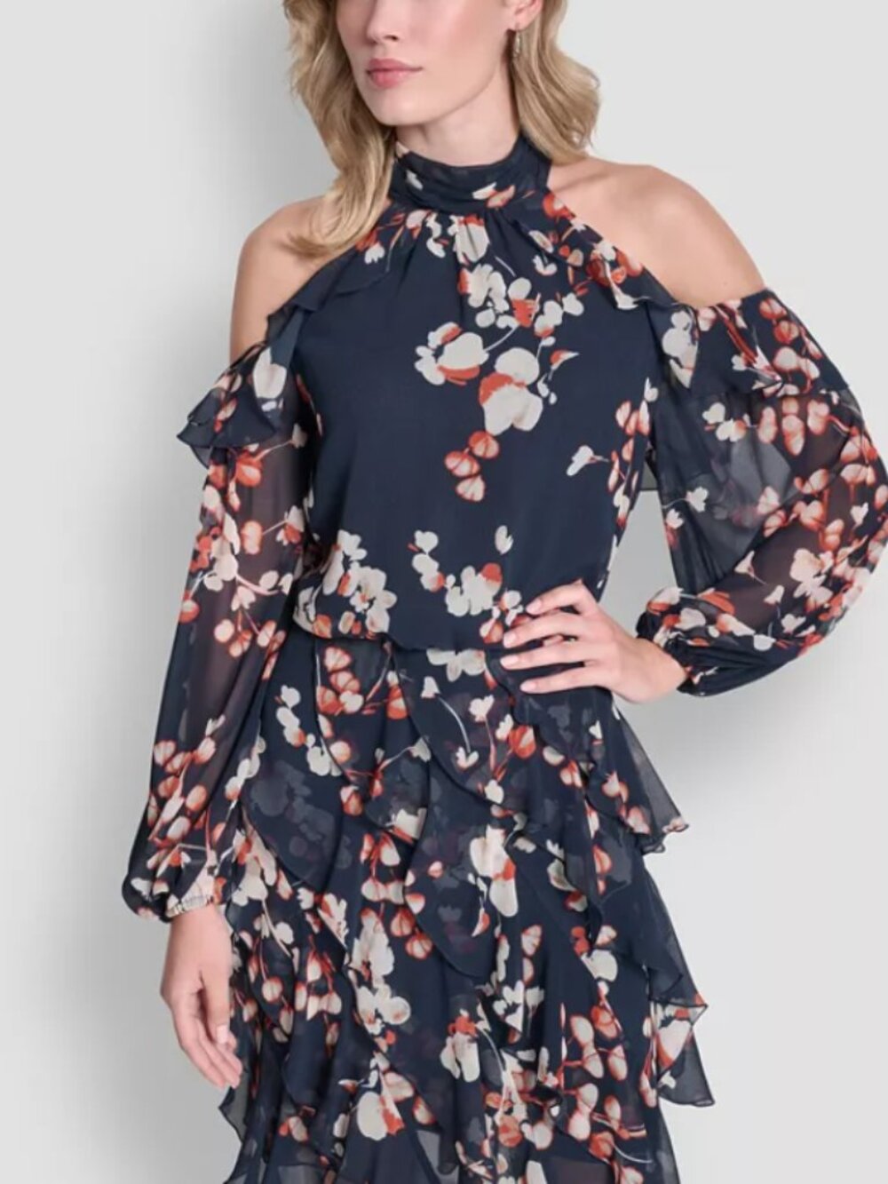 New! DKNY Cold Shoulder Mock Neck Ruffle Dress Chiffon Flounce Cocktail Mini 6